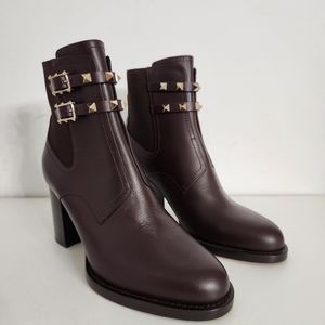 Valentino Garavani Brown Leather Rockstud Ankle Heeled Boots